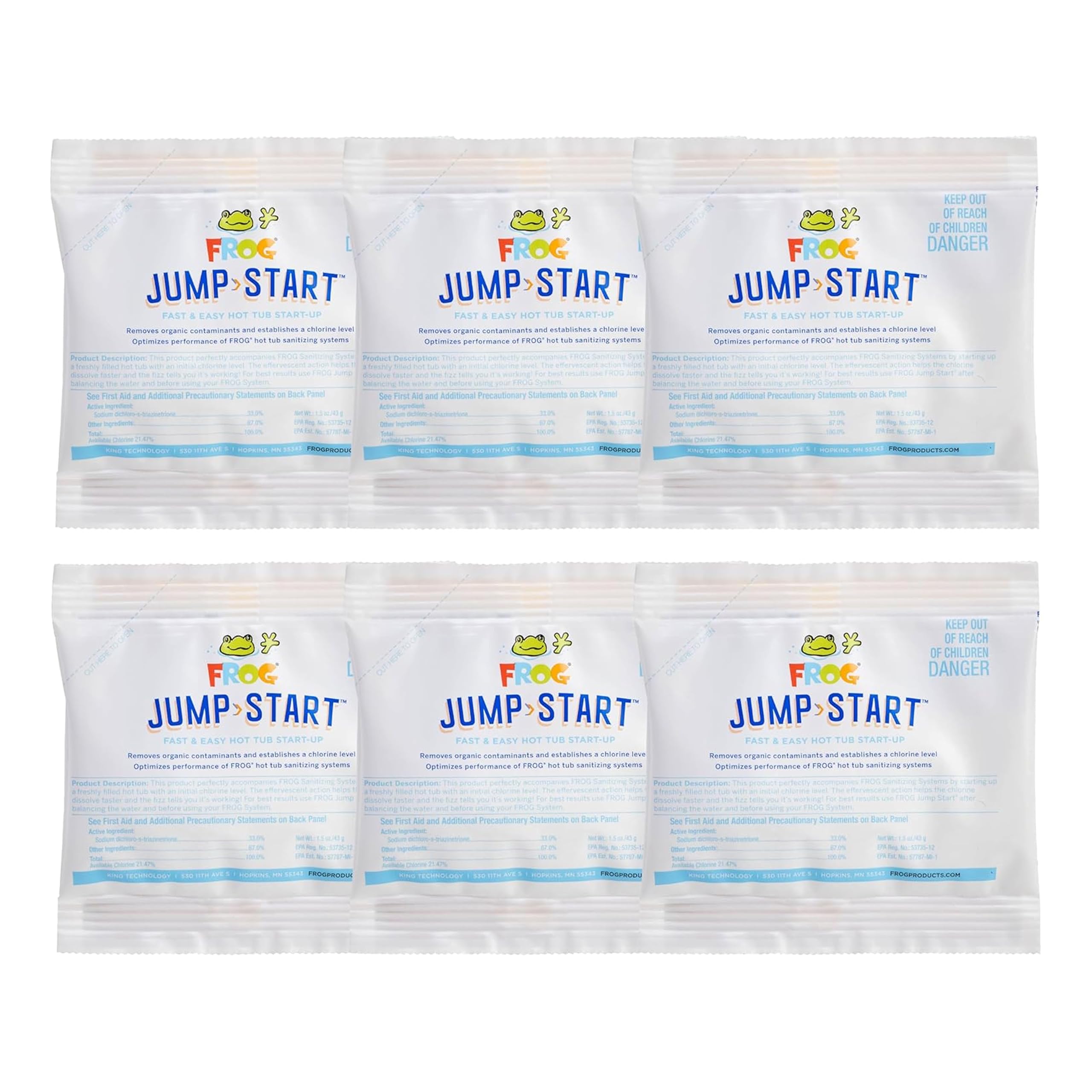 FROG Jump Start pack front promoting quick hot tub start-up and initial sanitization.