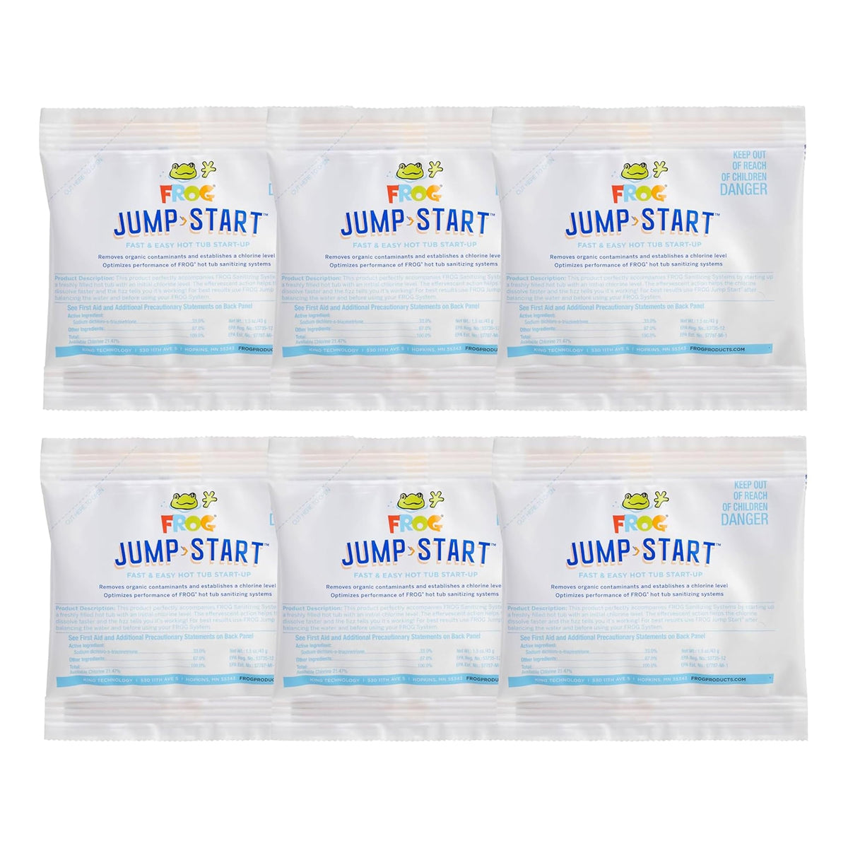 FROG Jump Start pack front promoting quick hot tub start-up and initial sanitization.