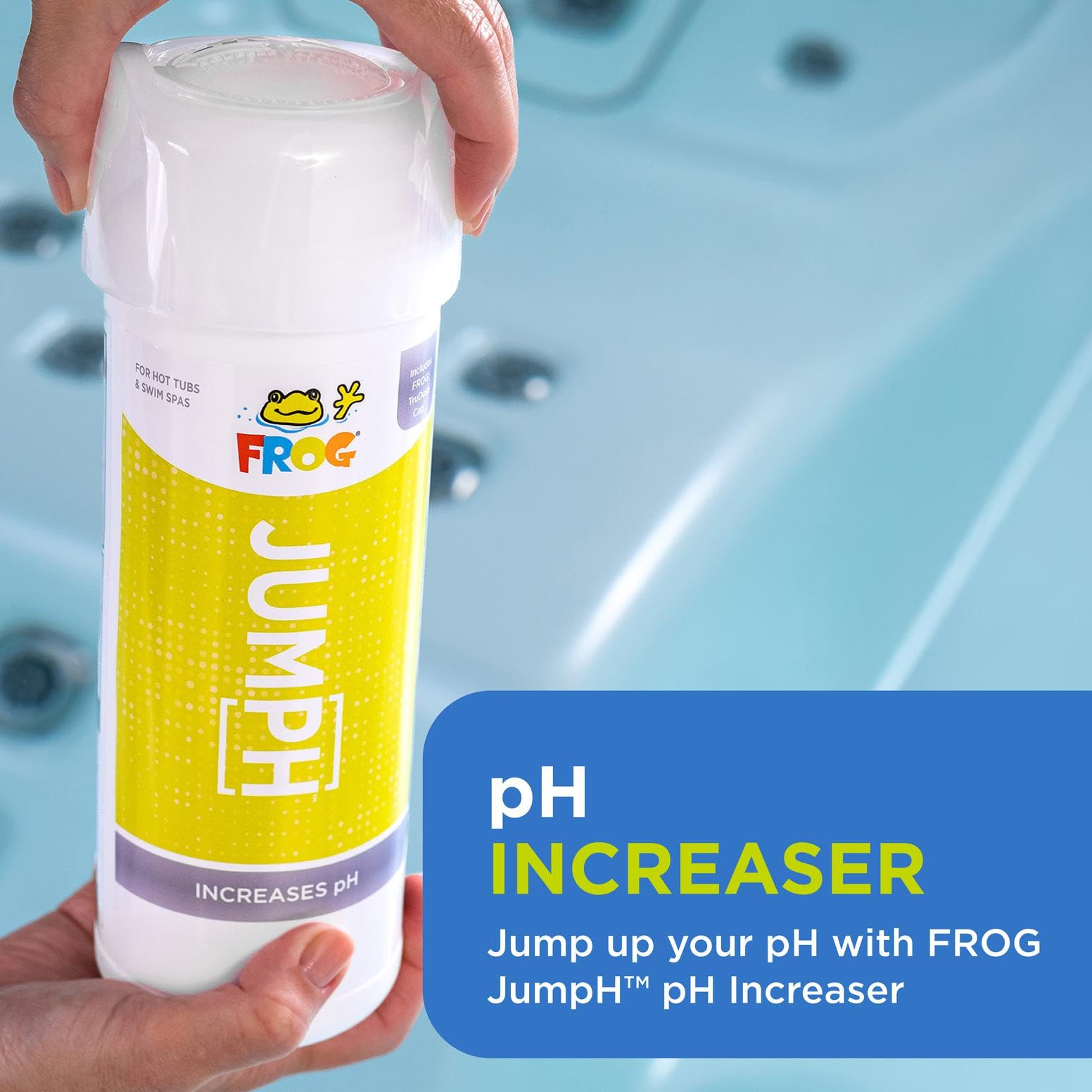 Two-pack packaging of FROG JumpH pH increaser for convenient spa care.