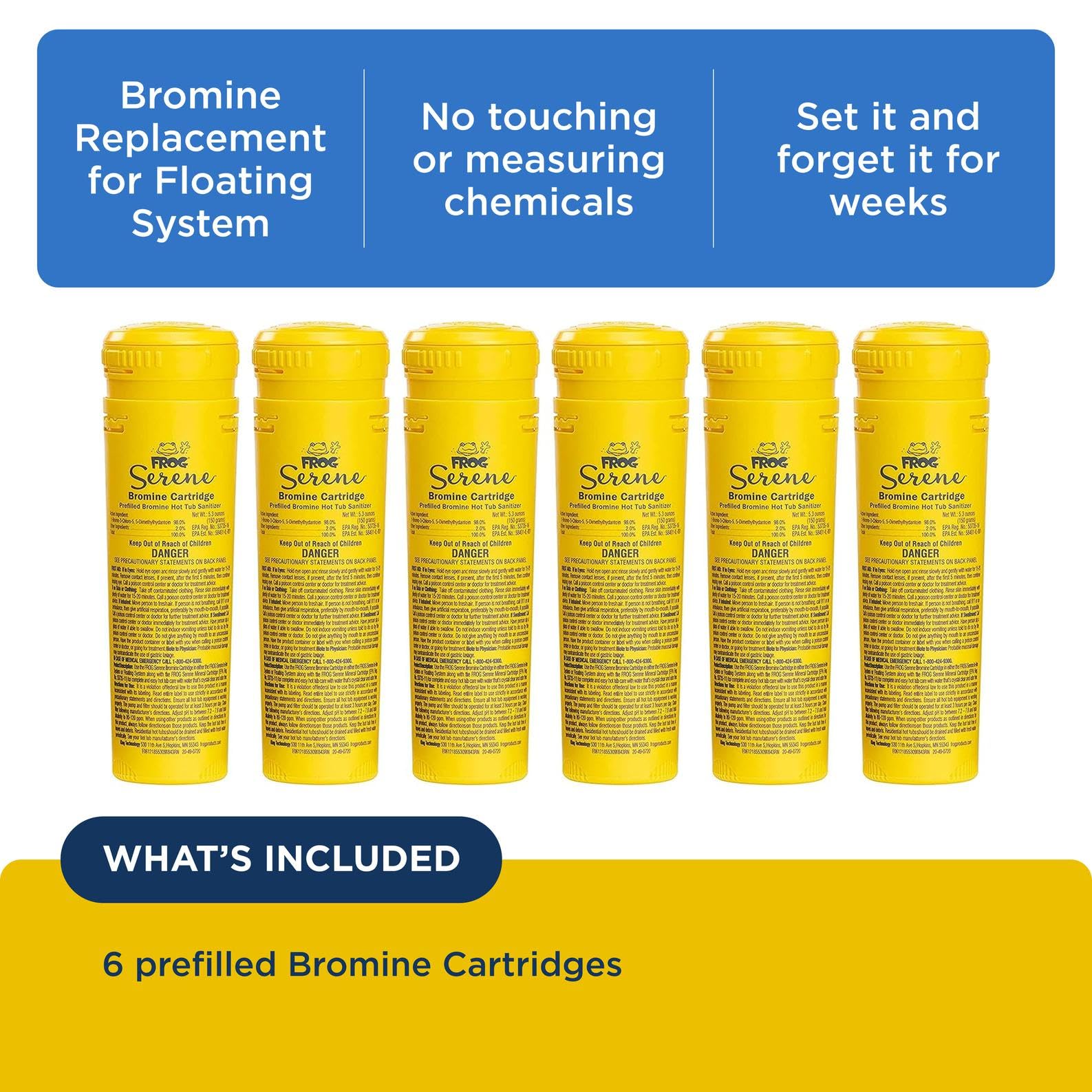 FROG Serene bromine cartridge pack shows prefilled convenience for quick refills.
