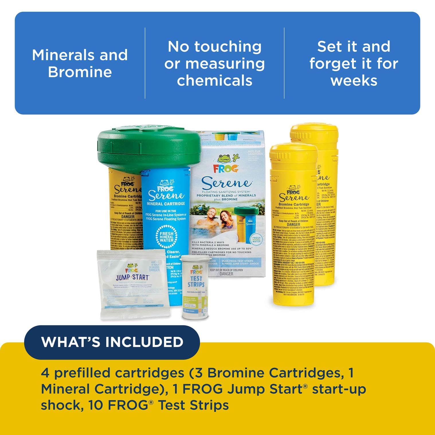 FROG Serene bromine cartridge provides quick, gentle sanitation with reduced odor.