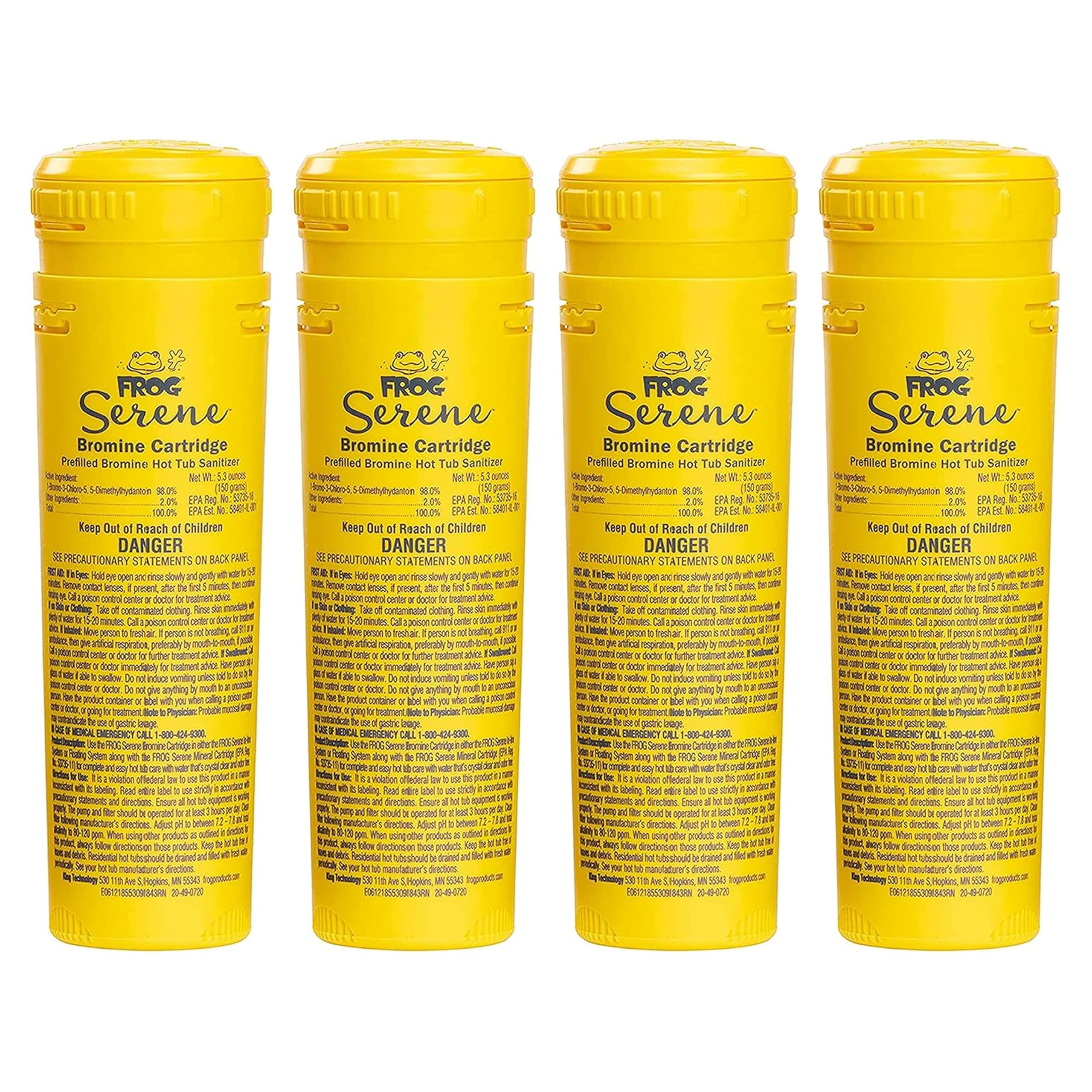FROG Serene bromine replacement cartridge 4-pack packaging for easy hot tub maintenance