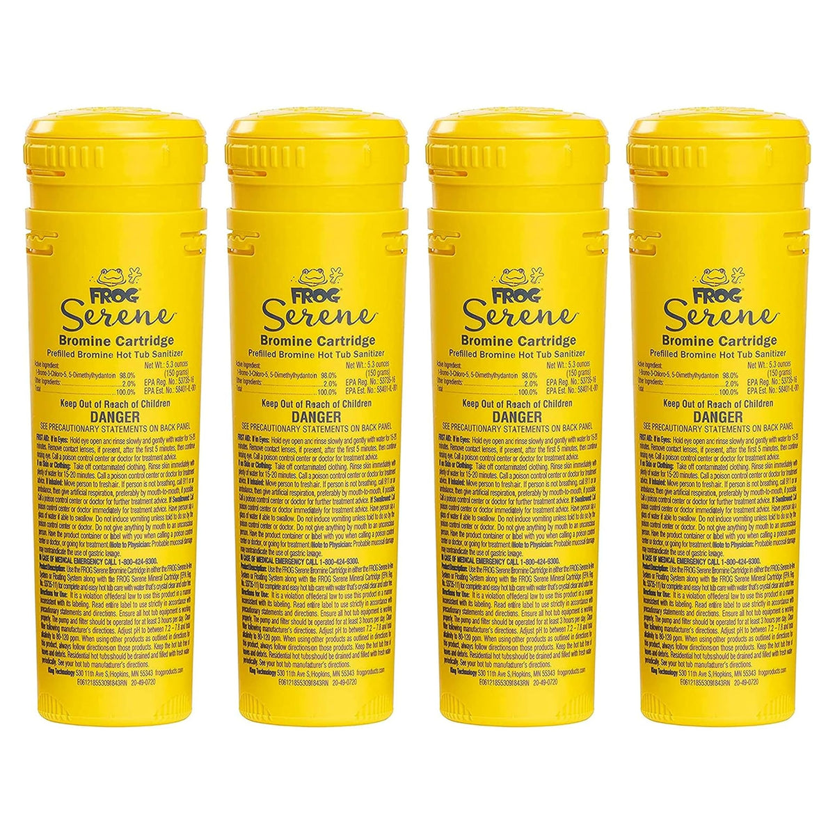 FROG Serene bromine replacement cartridge 4-pack packaging for easy hot tub maintenance