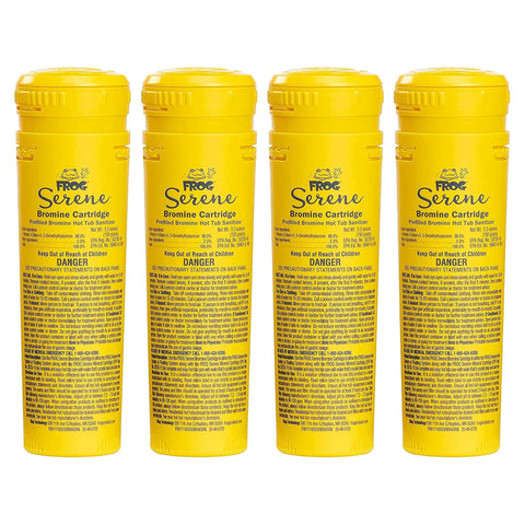 FROG Serene bromine replacement cartridge 4-pack packaging for easy hot tub maintenance