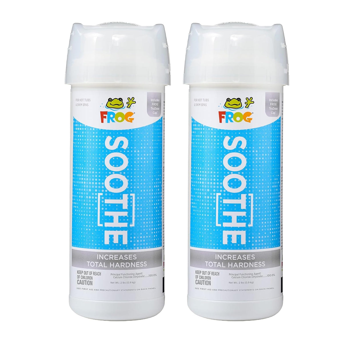 FROG Soothe calcium hardness bottle cap enables precise dosing for hot tub maintenance.