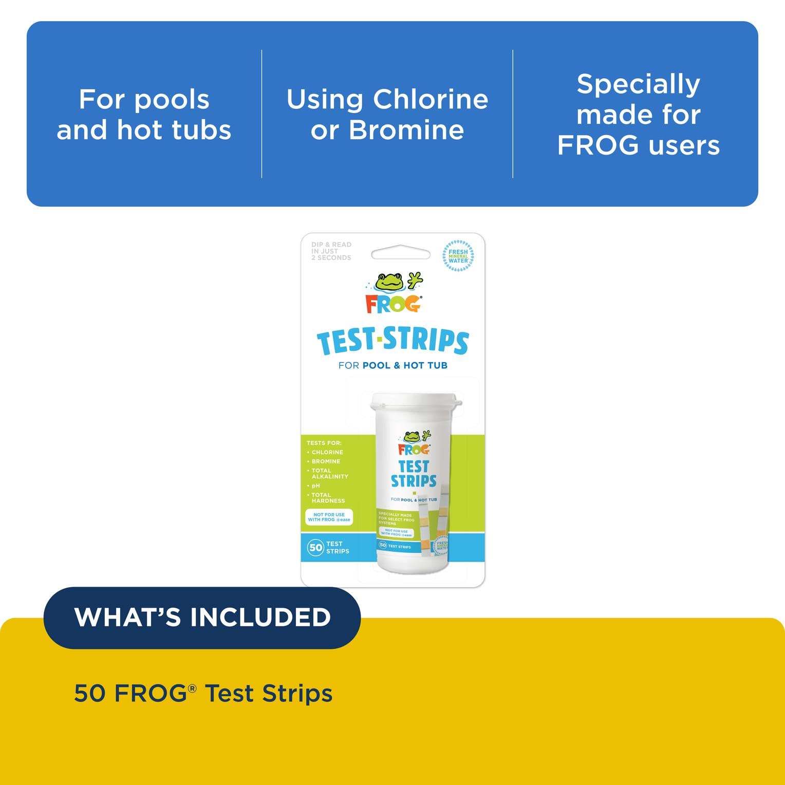 FROG test strips bromine level reading for hot tub sanitation.