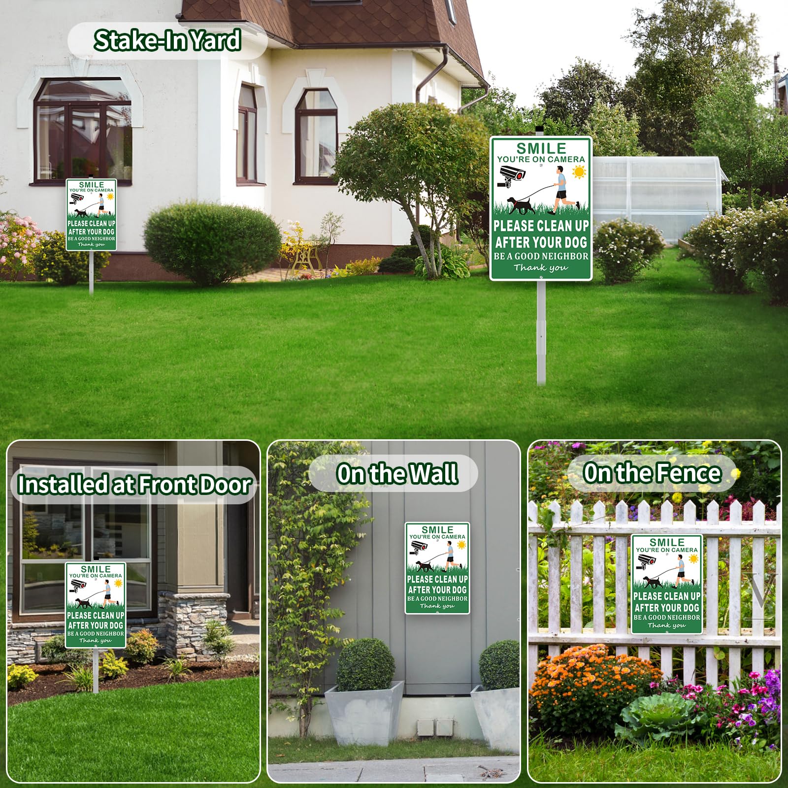 Frohllia bright green sign with white text stands out to deter pet messes.