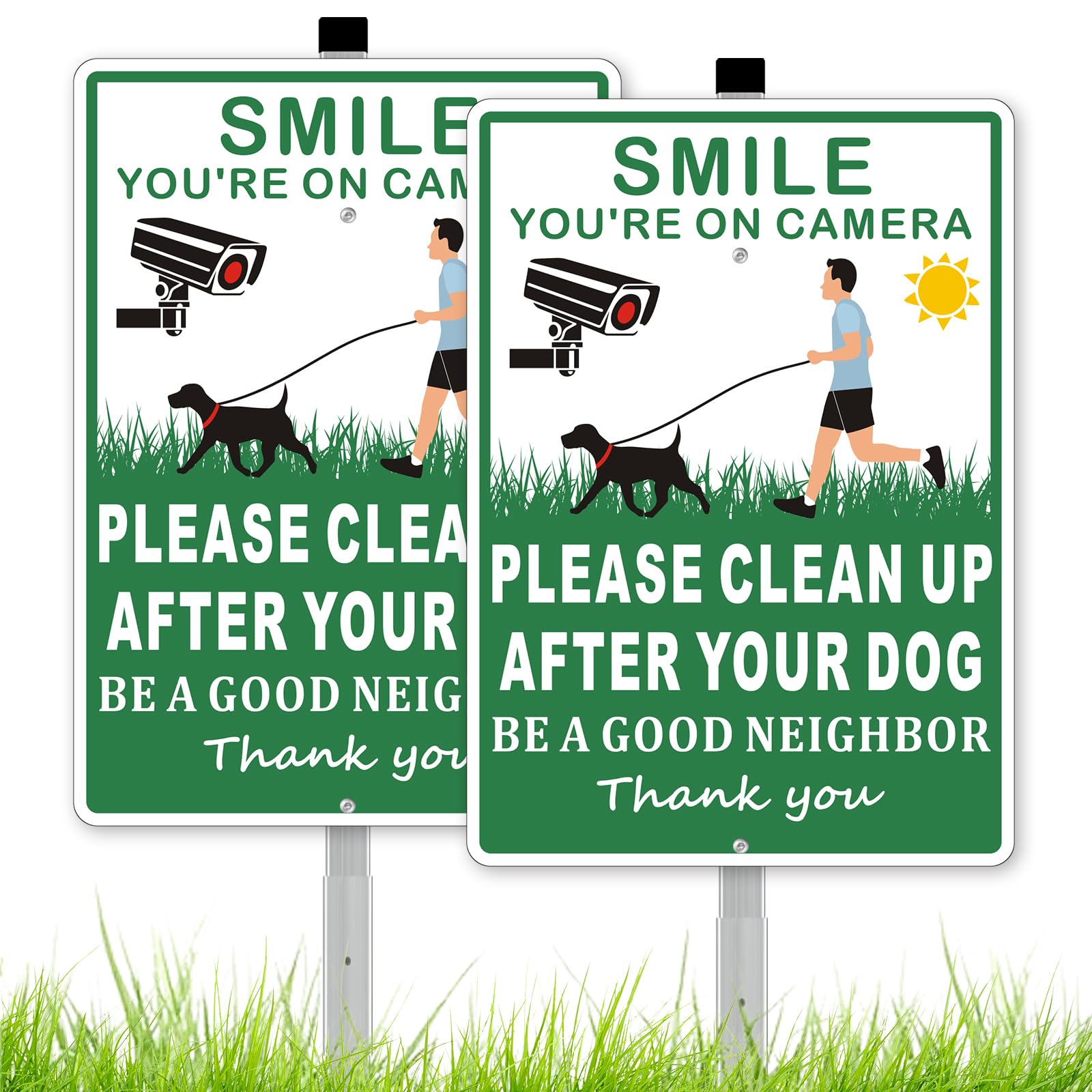 Frohllia sign set in green alerts neighbors to pick up after dogs, keeping yards tidy.