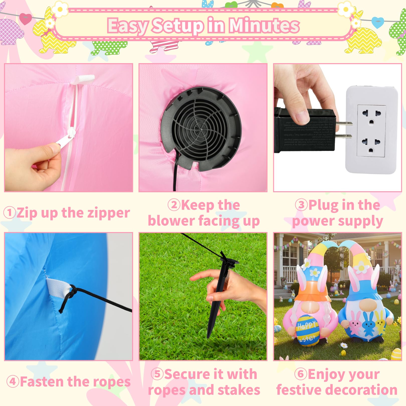 Frojuly quick-setup blow-up Easter inflatable inflates in minutes for easy decorating.