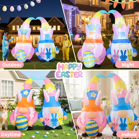 Frojuly LED night display highlights the Easter inflatables after sunset.