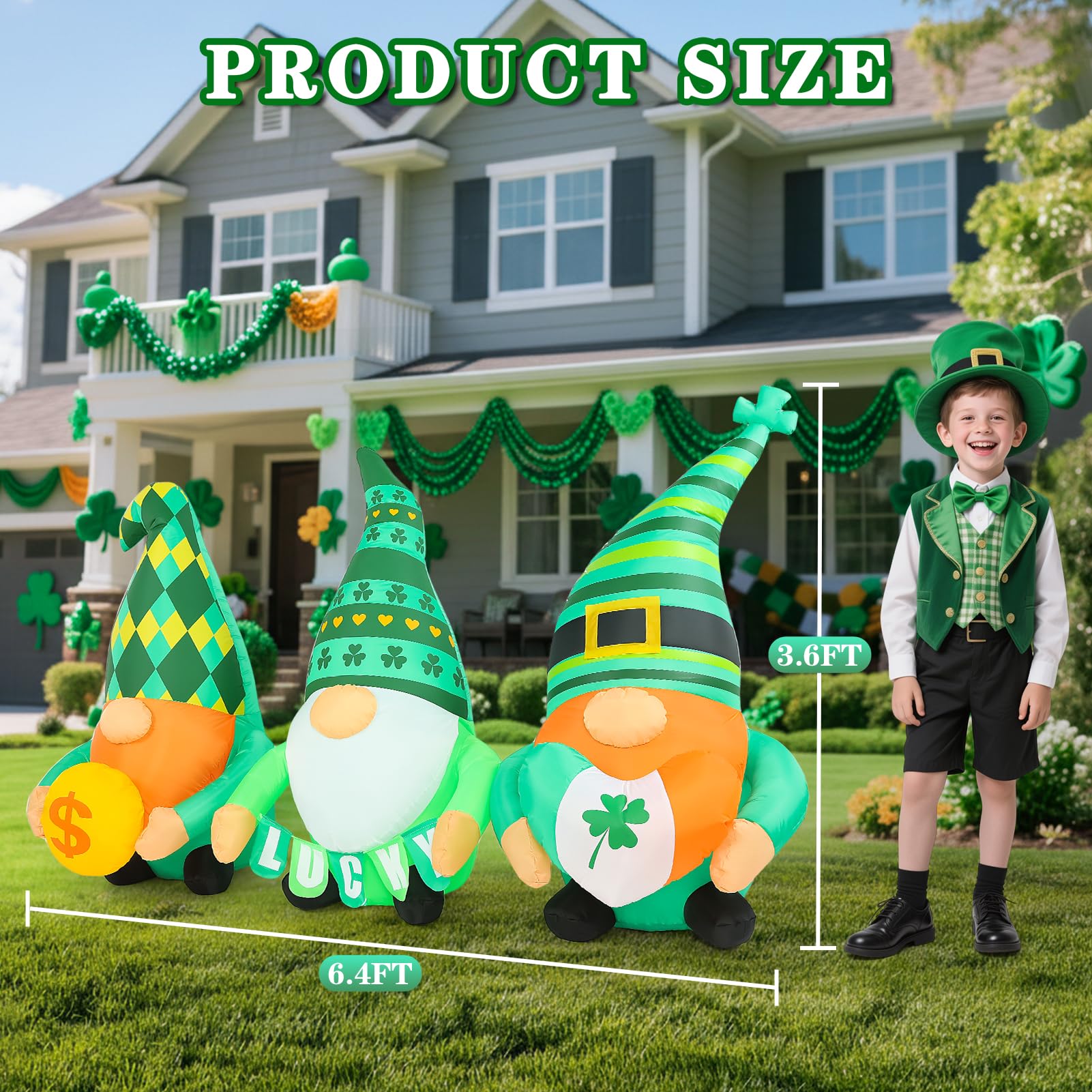 Frojuly gnome with Lucky banner adds playful curb appeal at night