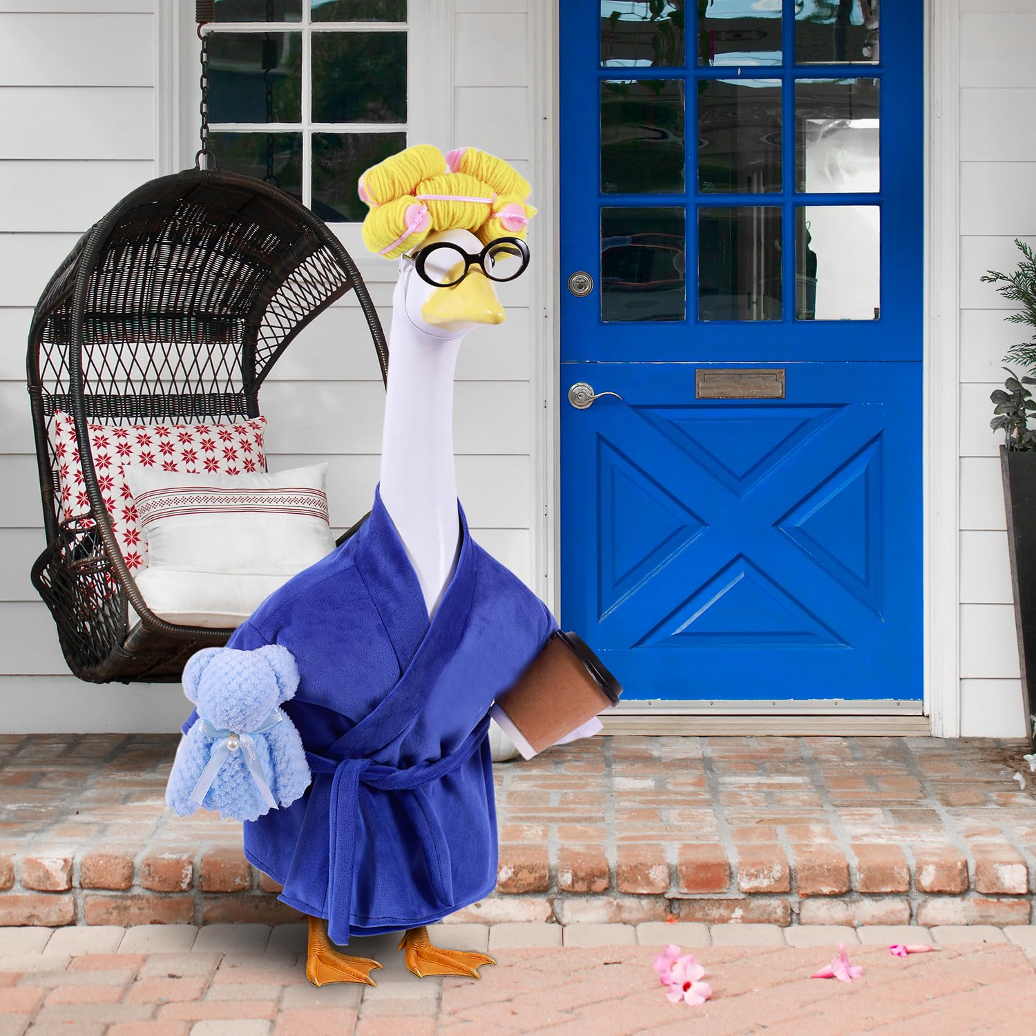 Froklic Lady Porch Goose Outfit on statue completing a whimsical porch scene