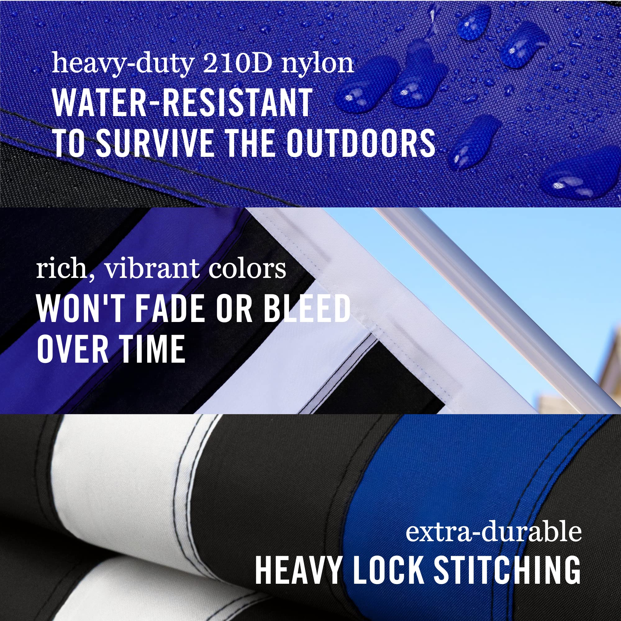 Front Line Flags heavy-duty 210D nylon flag showing reinforced stitching for longevity