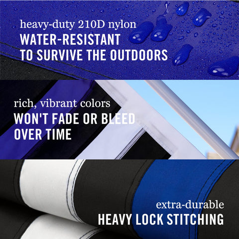 Front Line Flags heavy-duty 210D nylon flag showing reinforced stitching for longevity
