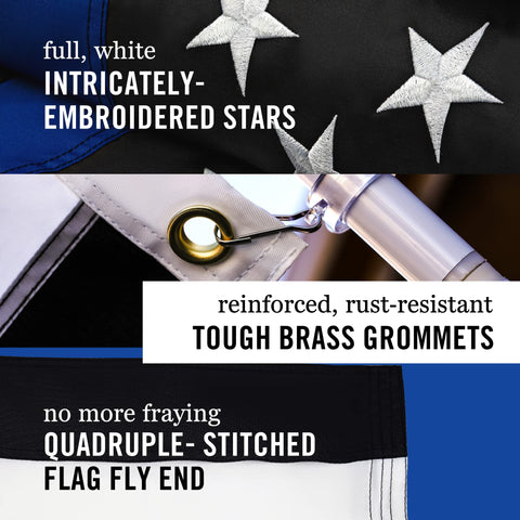 Front Line Flags quadruple-stitch fly end flag designed to resist wear