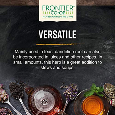 Frontier Co-op Bulgarian origin dandelion root granules offer pure flavor.
