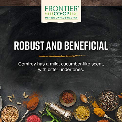 Frontier Co-op comfrey leaf resealable stand-up bag preserves freshness.