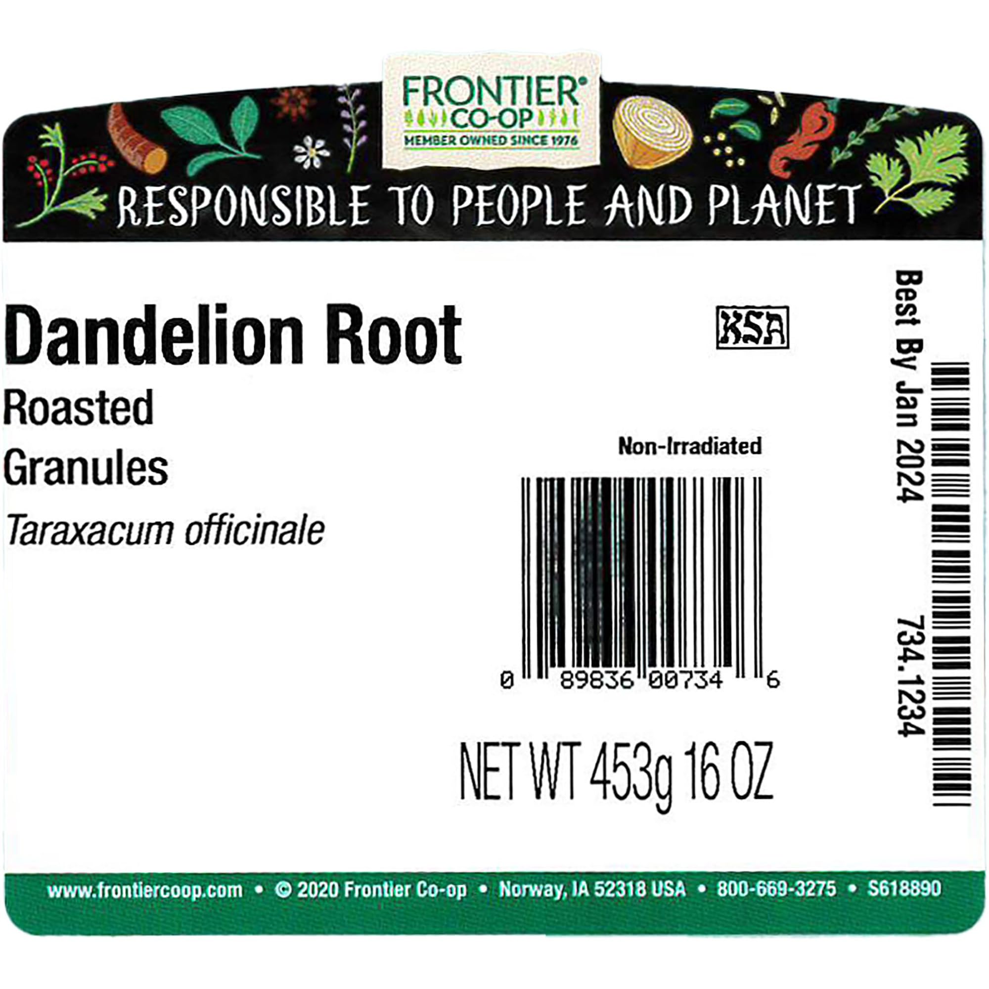 Frontier Co-op roasted dandelion root granules close-up for aroma.