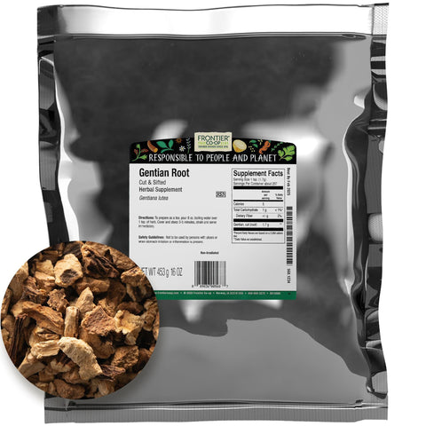 Frontier Co-op Gentian Root, cut and sifted, ideal for bold herbal blends.