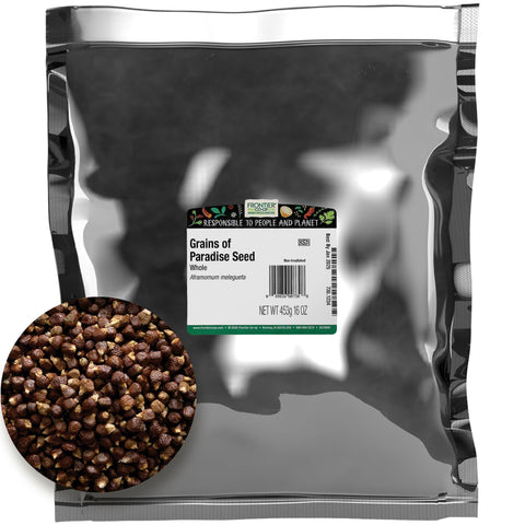 Frontier Co-op grains of paradise whole seeds in a 16oz jar for enhanced soups and spice blends.