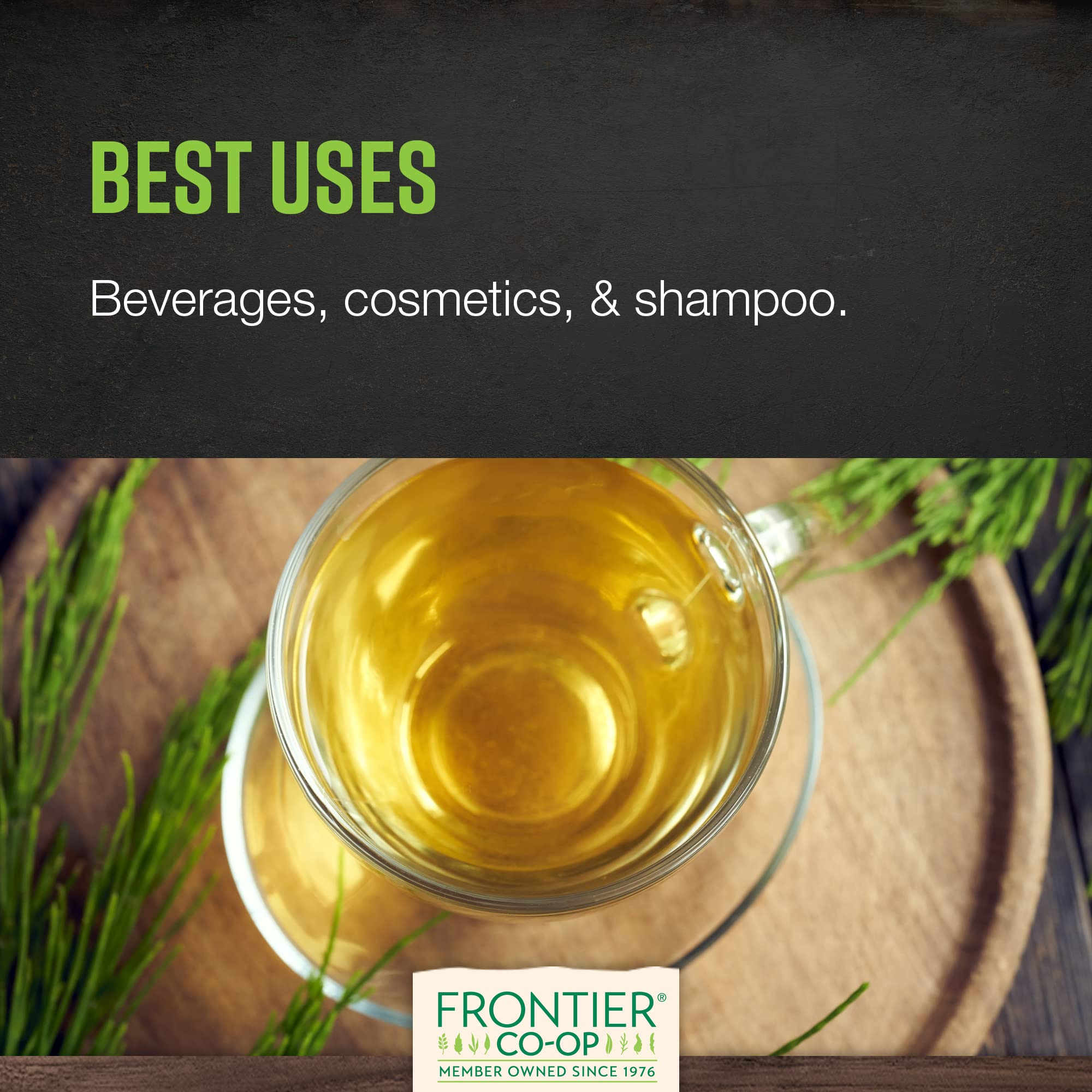 Frontier Co-op horsetail infusion in cup showing warm herbal aroma.