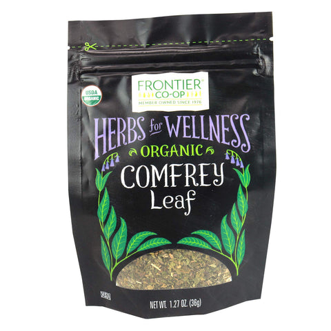 Frontier Co-op comfrey leaf bag front view, dried leaves ideal for soil conditioning.