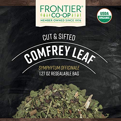 Frontier Co-op comfrey leaf close-up texture highlights rough surface for soil amendment.