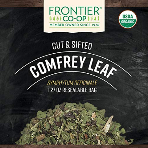 Frontier Co-op comfrey leaf close-up texture highlights rough surface for soil amendment.
