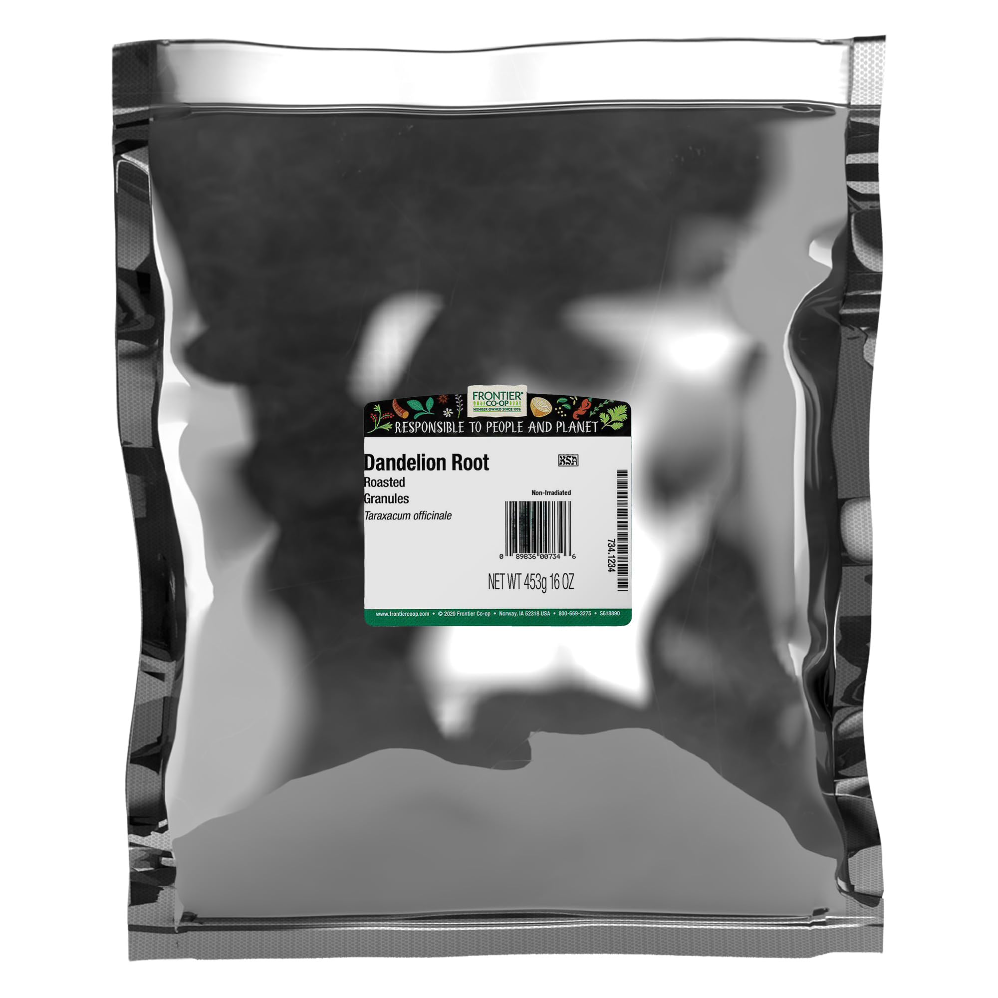 Frontier Co-op roasted dandelion root granules bulk bag for rich tea.