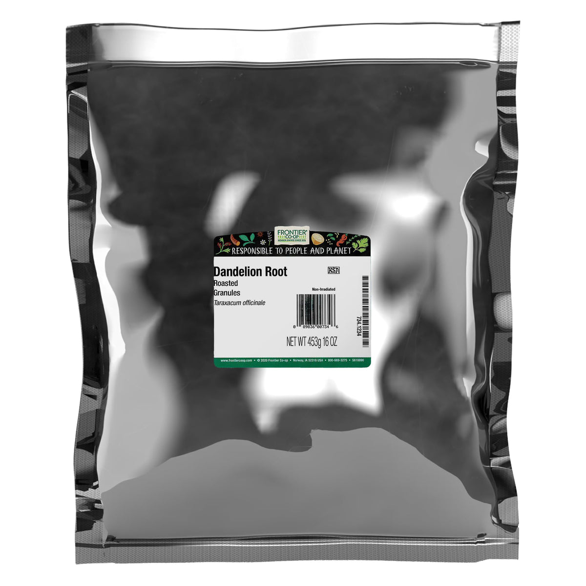 Frontier Co-op roasted dandelion root granules bulk bag for rich tea.