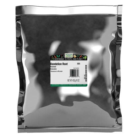 Frontier Co-op roasted dandelion root granules bulk bag for rich tea.