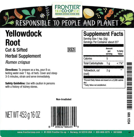 Frontier Co-op Yellowdock root bulk bag shows convenient packaging for infusions.