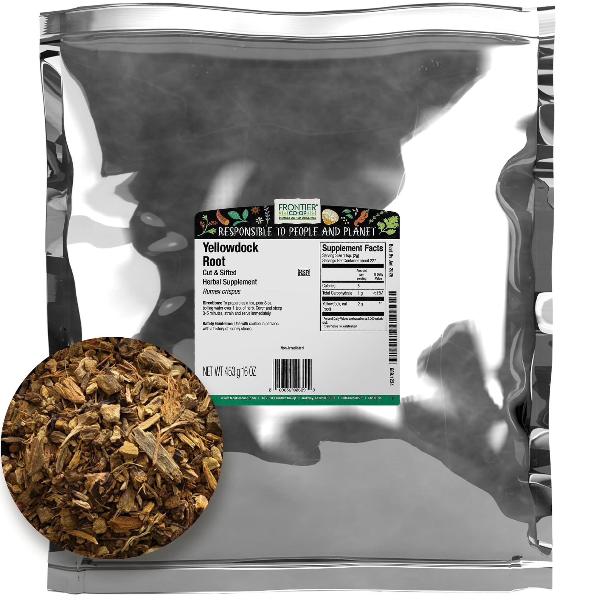 Frontier Co-op Yellowdock root cut for herbal infusions with earthy aroma.