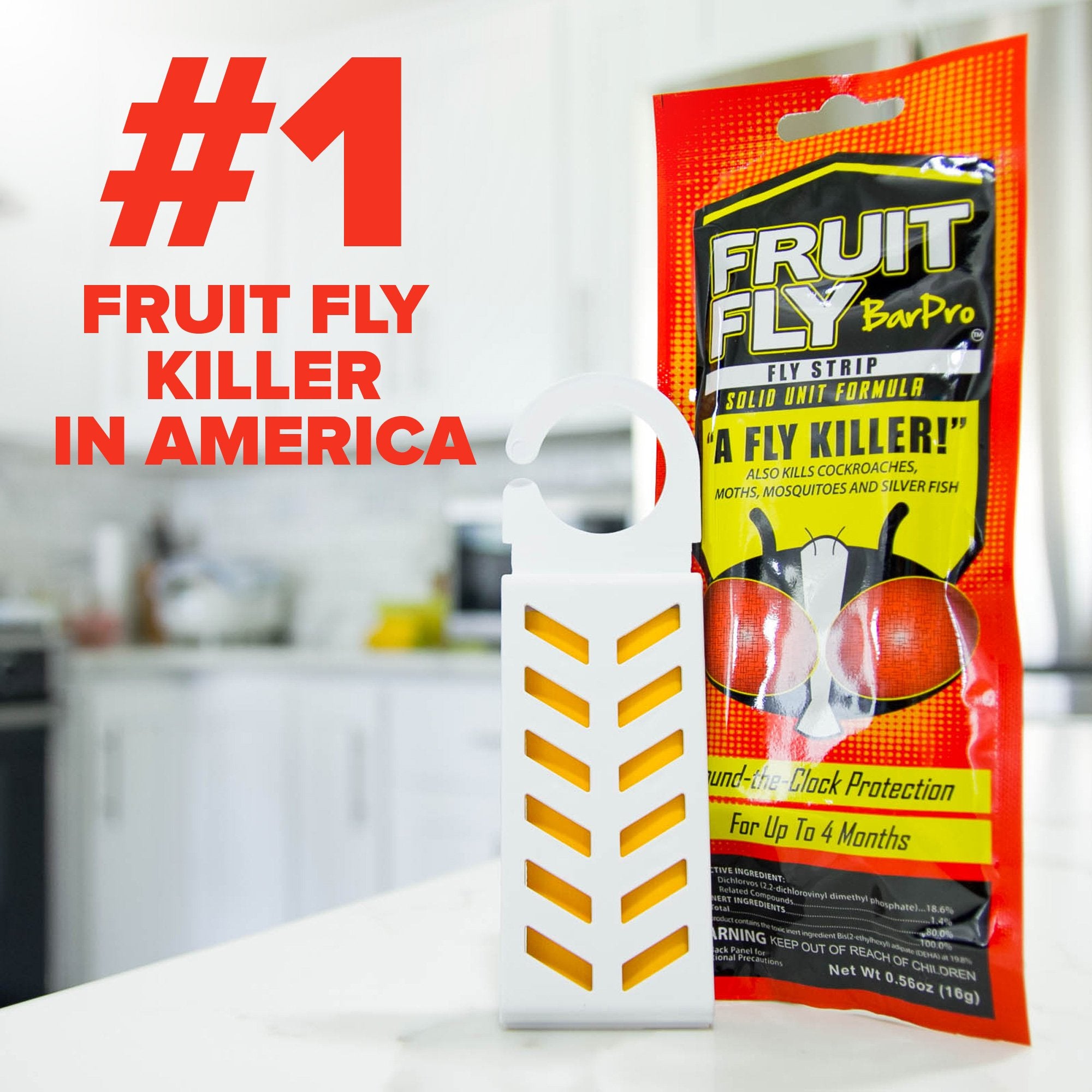 Fruit Fly BarPro strip in use near a kitchen trash area for continuous control