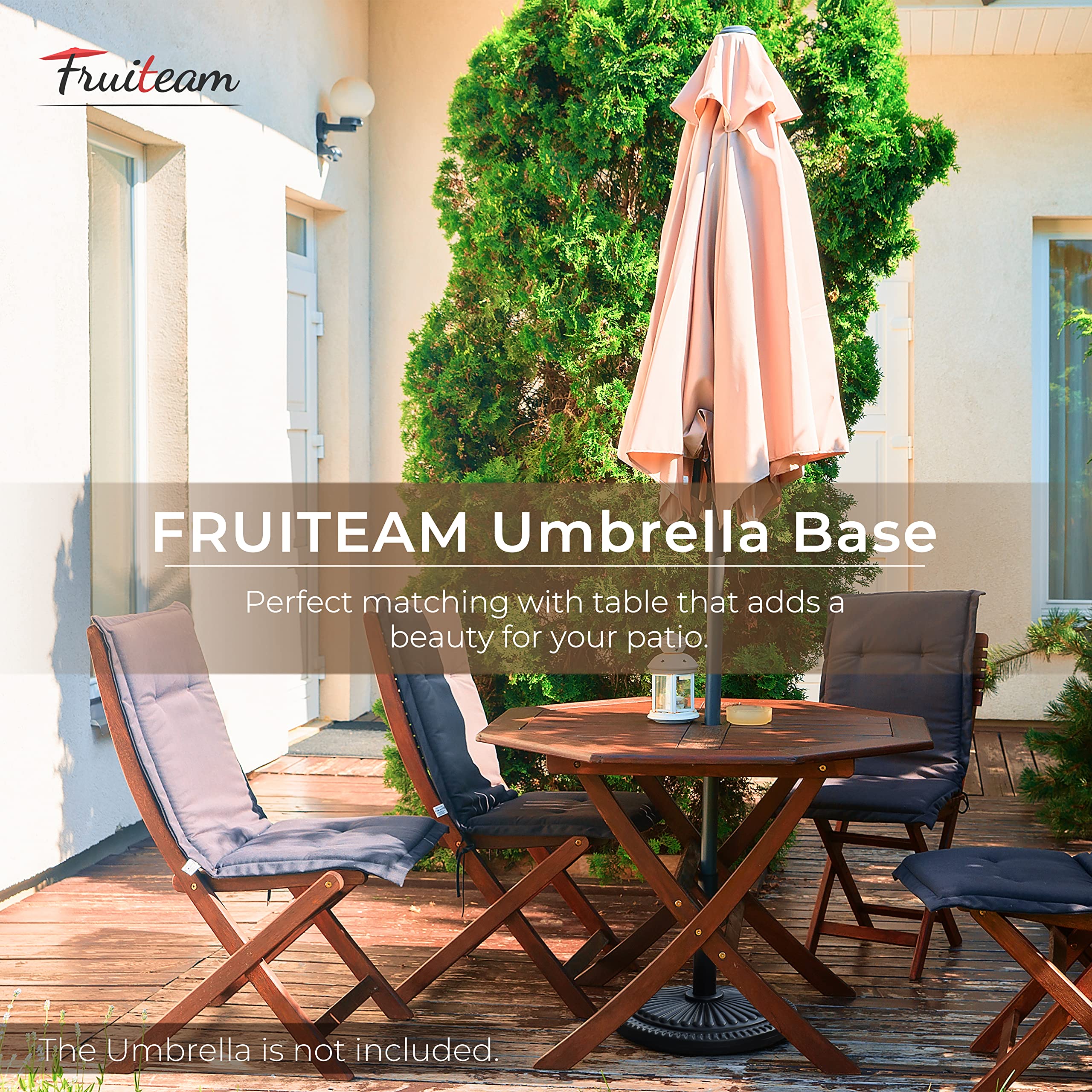 FRUITEAM 21-lb round base provides steady support for patio umbrellas in windy conditions.
