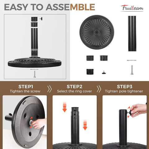 FRUITEAM base adjustable piston accommodates umbrella posts from 1.49 to 1.89 inches.