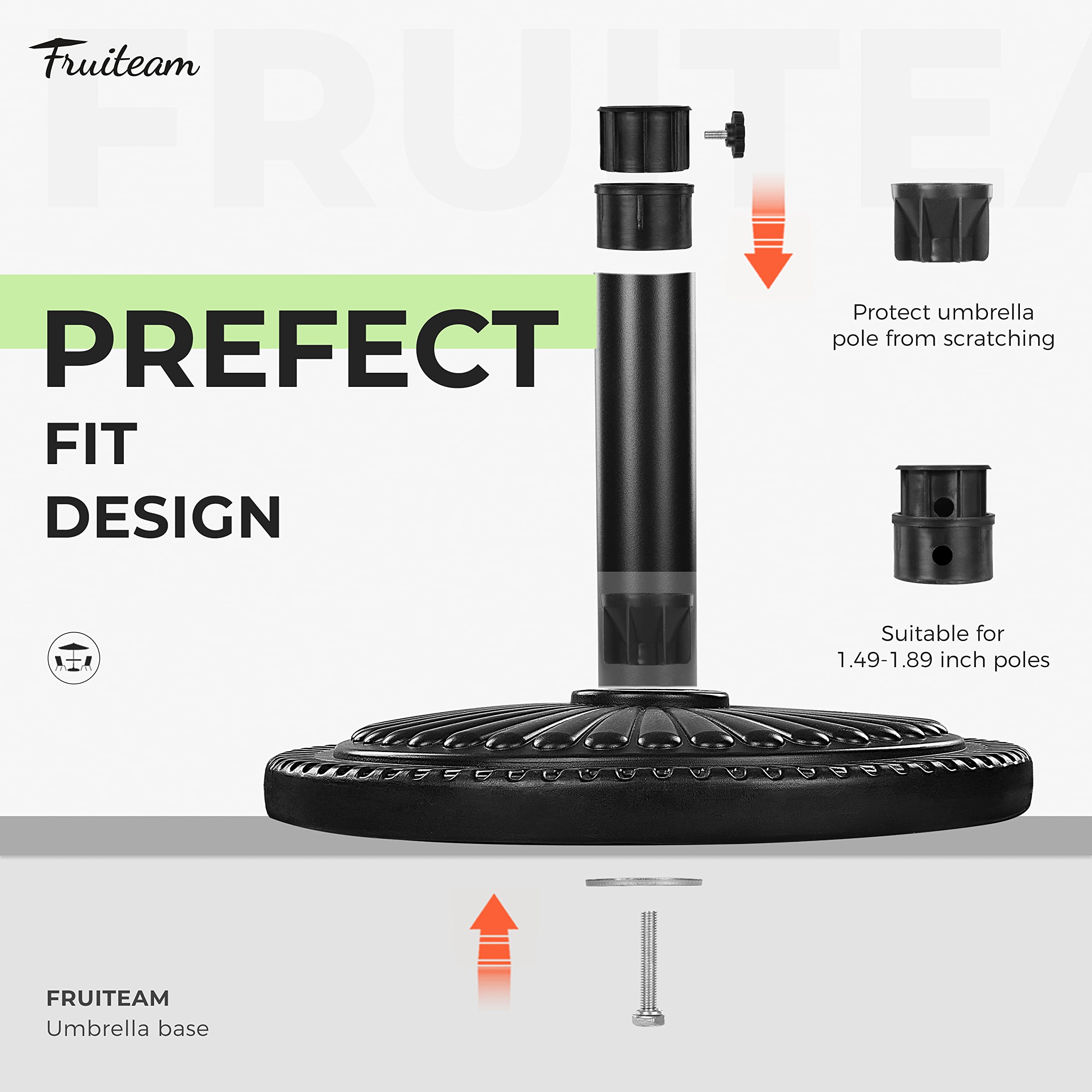 FRUITEAM hand-tightening knob ensures a secure umbrella fit.