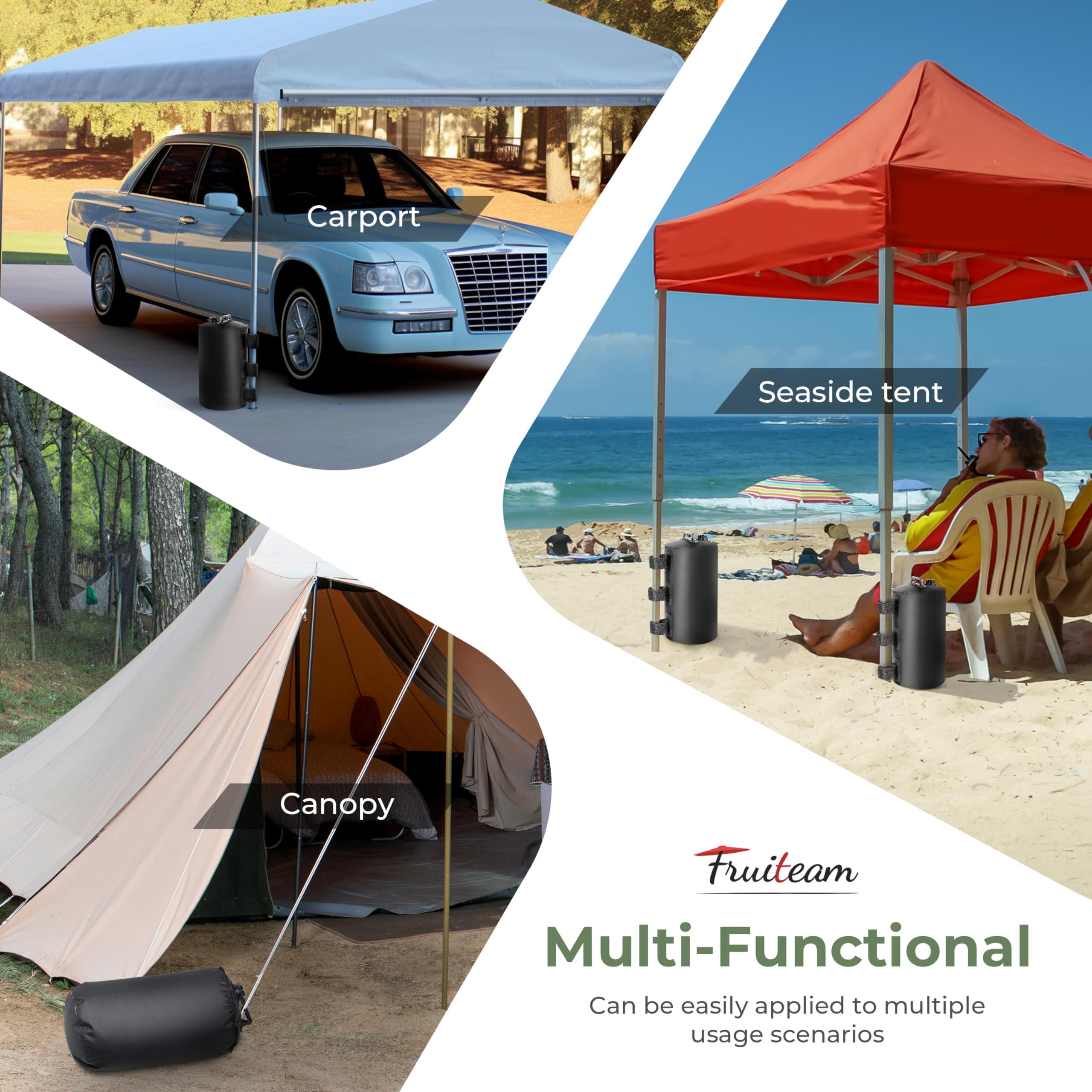 Versatile FRUITEAM weights for canopies, gazebos, umbrellas, banners.