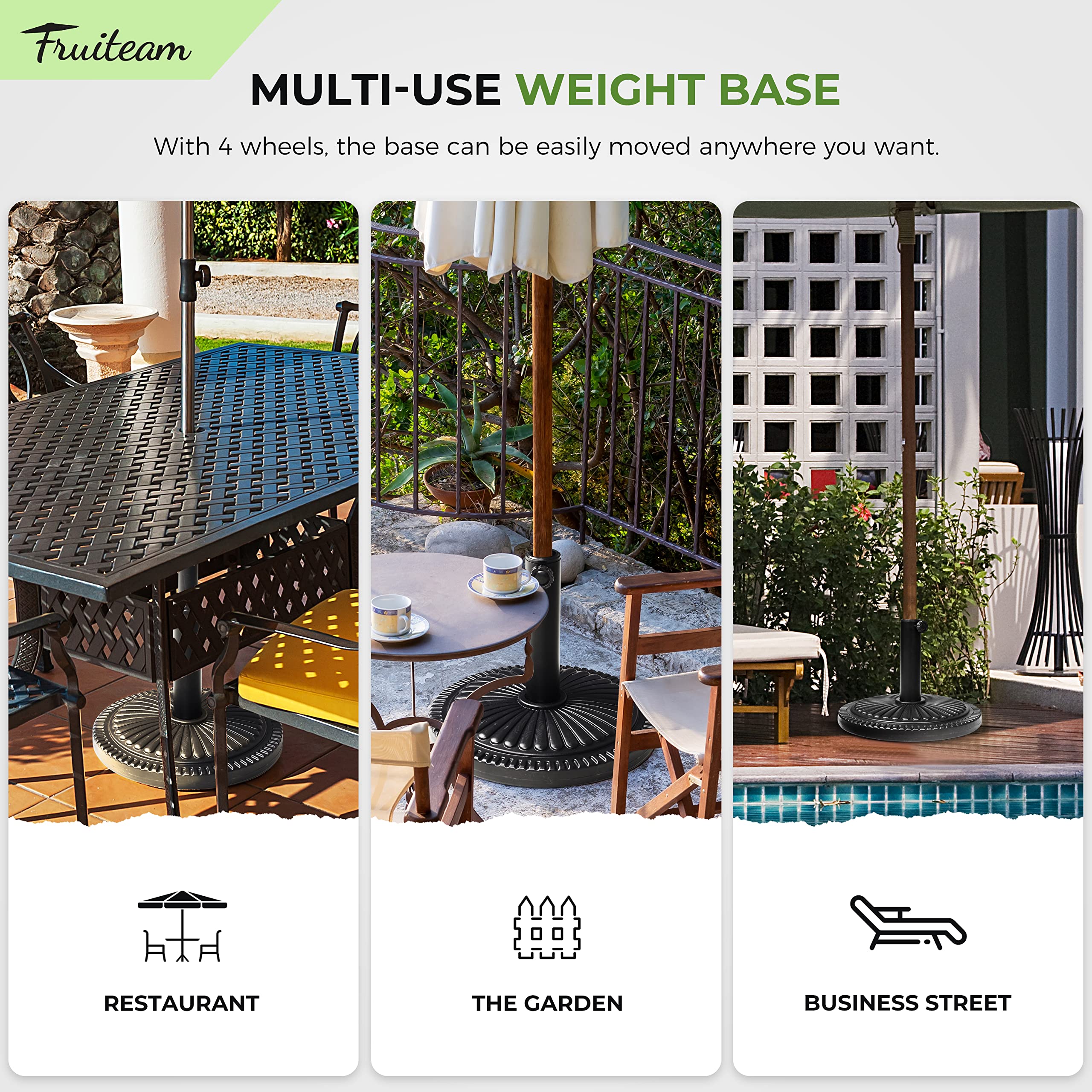 FRUITEAM outdoor setup demonstrates quick patio umbrella anchoring.
