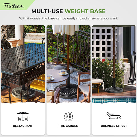 FRUITEAM outdoor setup demonstrates quick patio umbrella anchoring.