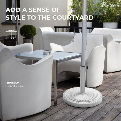 FRUITEAM white finish base complements outdoor furniture.