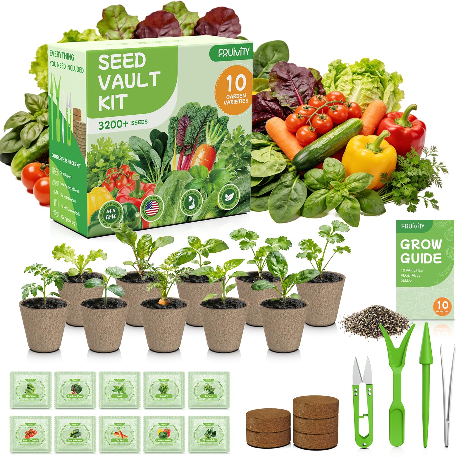 Fruivity 10 Heirloom Seeds Pack with 3,200+ non-GMO seeds for flexible indoor or outdoor gardening.