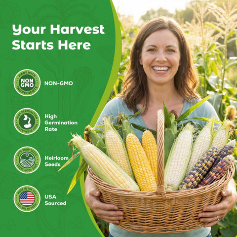 Fruivity 4 Corn Seeds Variety Pack packaging back details sowing tips and germination guidance.