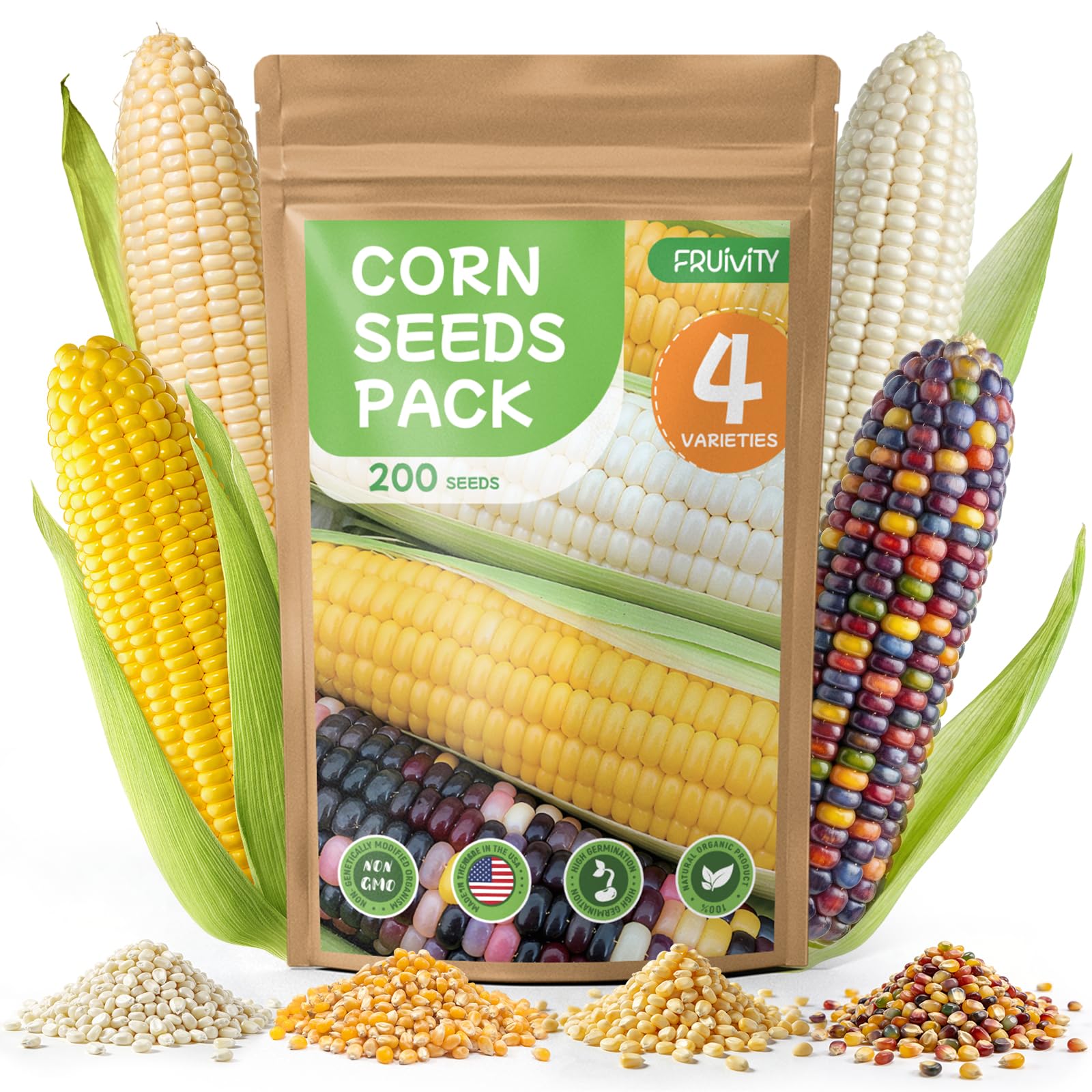 Fruivity 4 Corn Seeds Variety Pack packaging front highlights four heirloom varieties for home gardens.