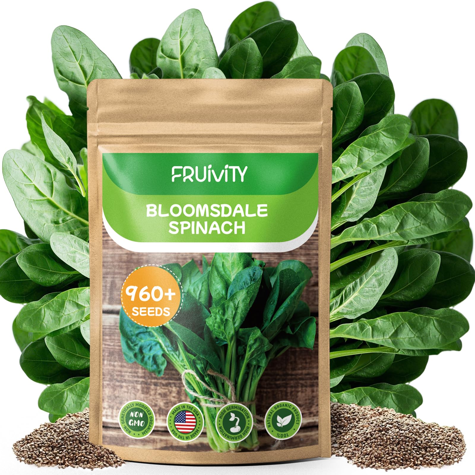 Fruivity Bloomsdale spinach seeds close-up, showing high germination potential