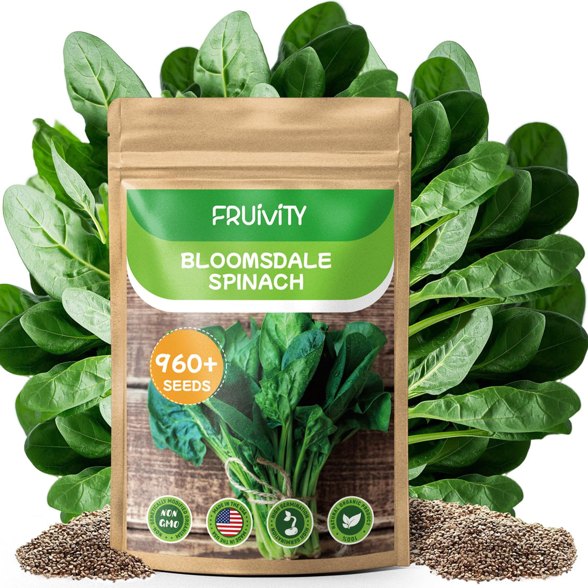 Fruivity Bloomsdale spinach seeds close-up, showing high germination potential