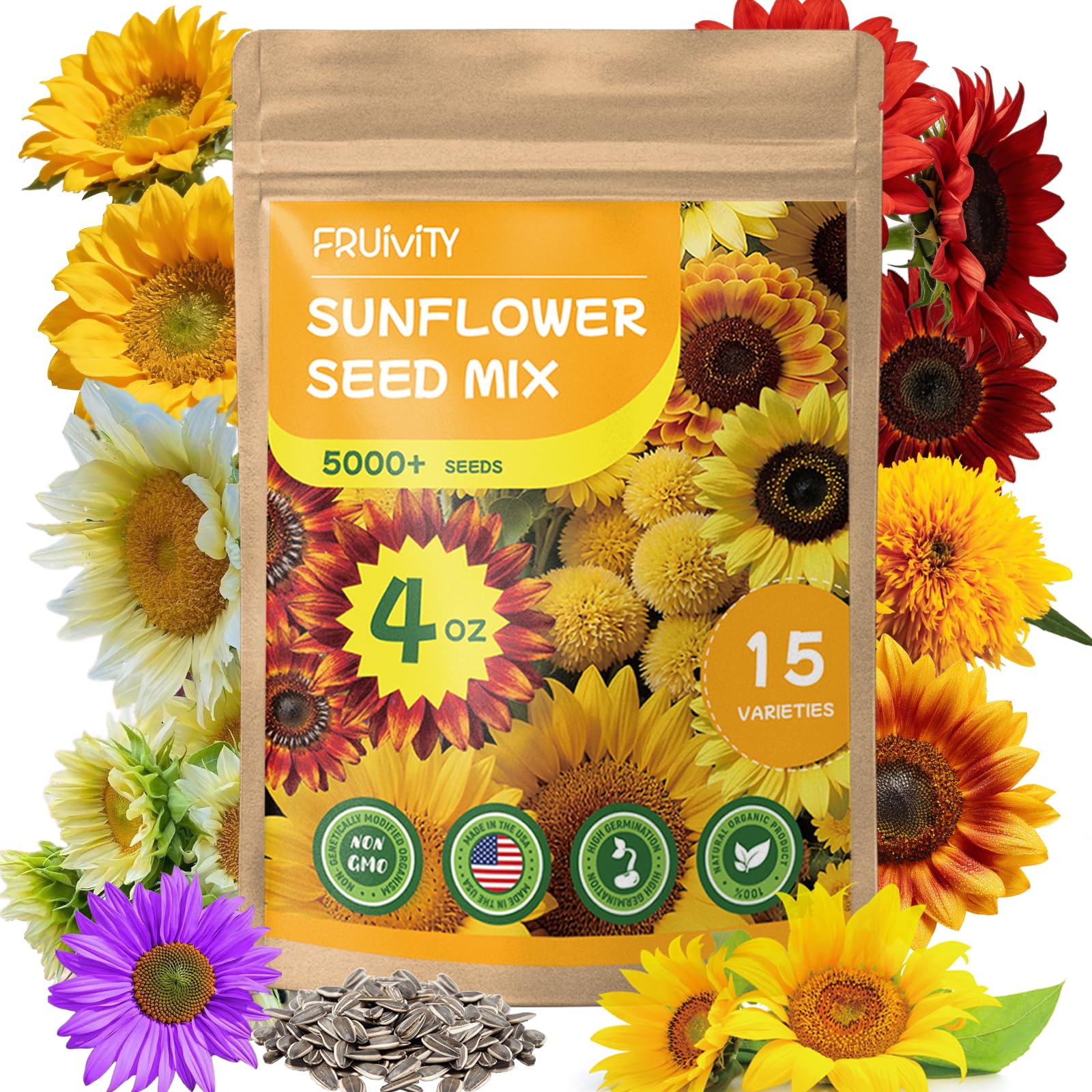 Fruivity sunflower seeds show Giant Mammoth blooms for a dramatic border and pollinator appeal
