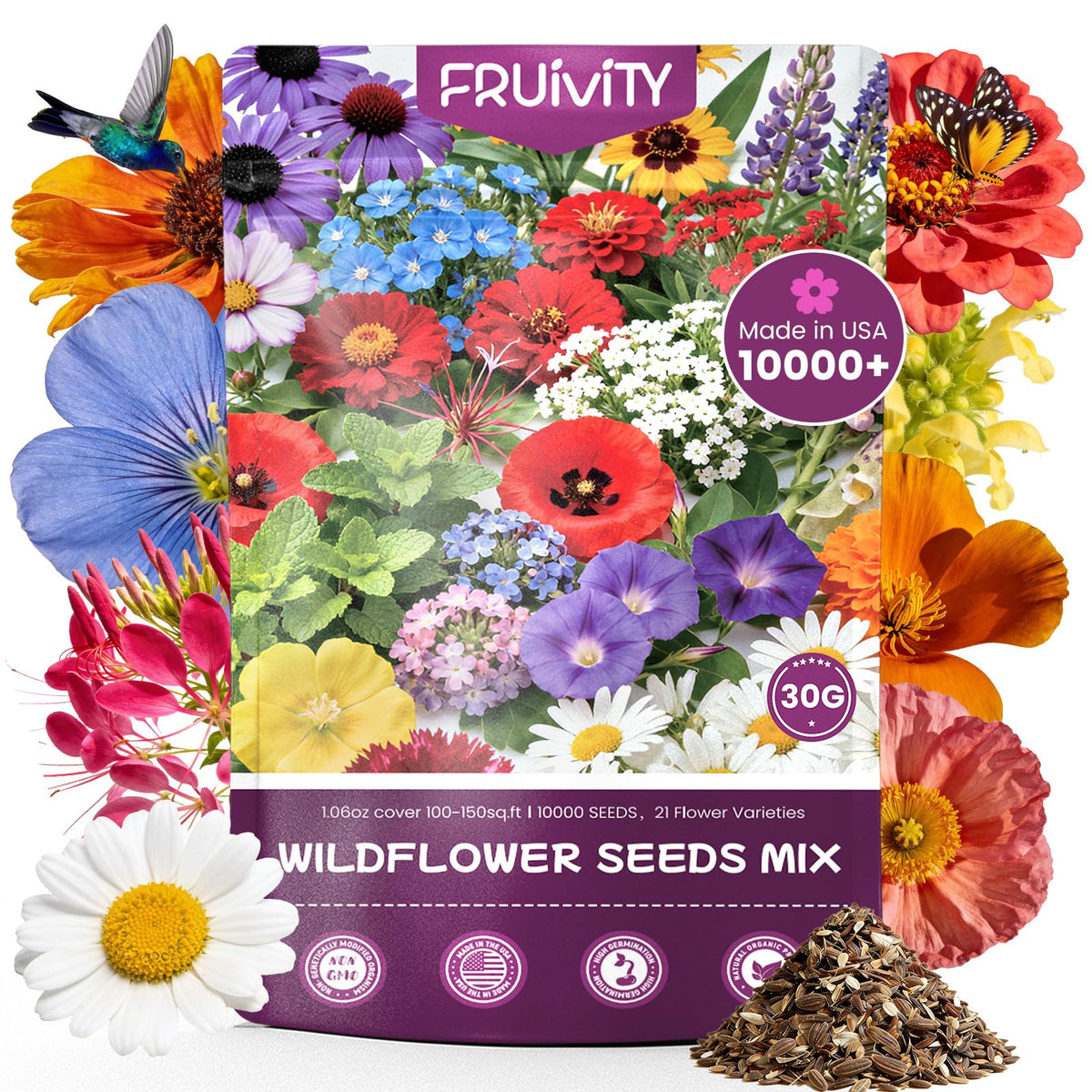 Fruivity wildflower seeds bulk 10000+ create vibrant outdoor color for pollinator-friendly beds.