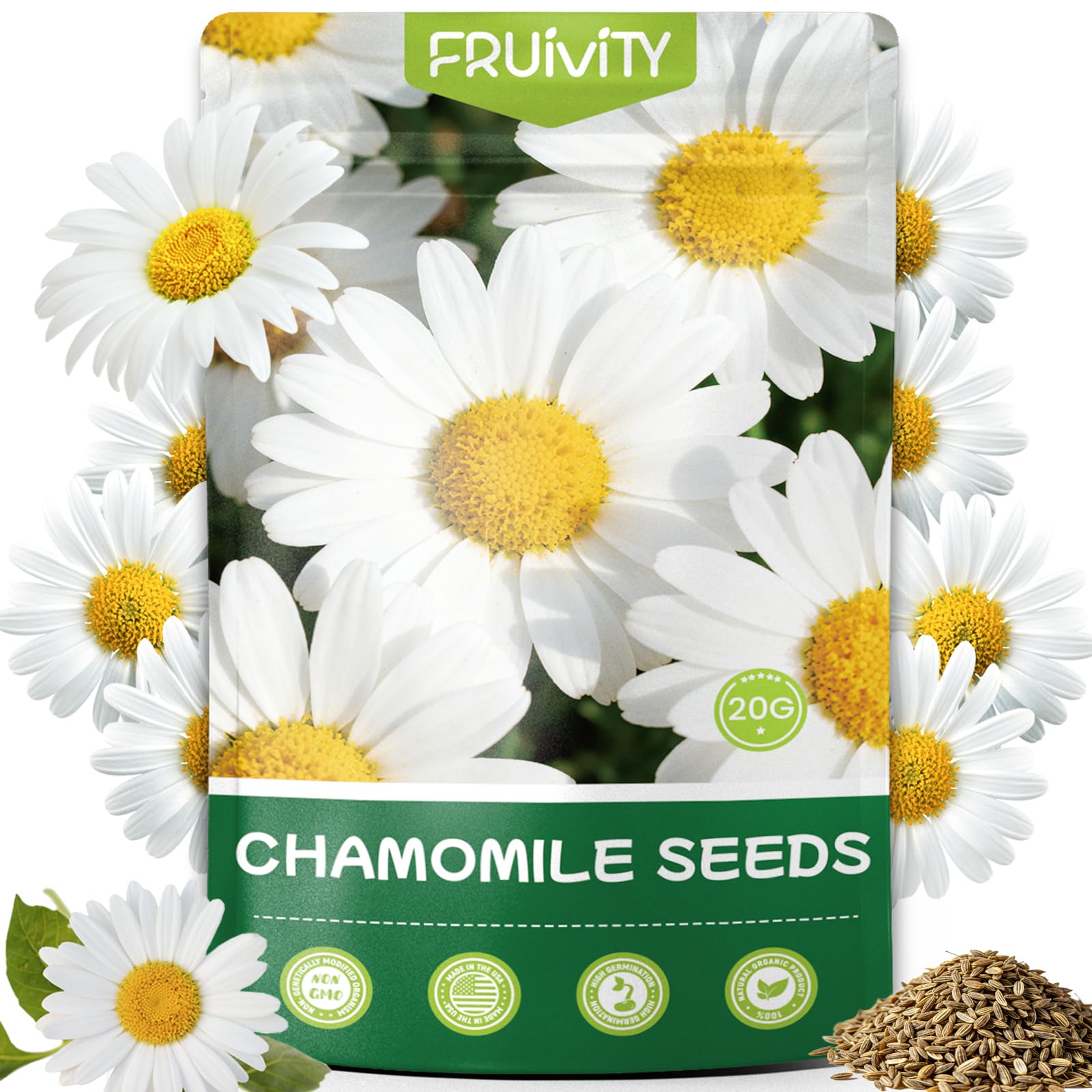 Fruivity 2300+ German Chamomile seeds cover for easy home gardening