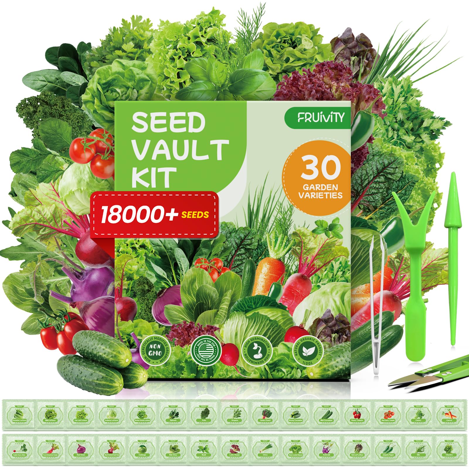 Fruivity 30-variety seed packaging shows non-GMO heirloom seeds for a rich harvest
